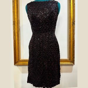 Maroon Lace Black Sequin 1960s Cocktail Dress